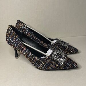 C. Paravano Multicolor Tweed Pointed Toe Heels w/ Crystal Buckle EU 41 (US 10)